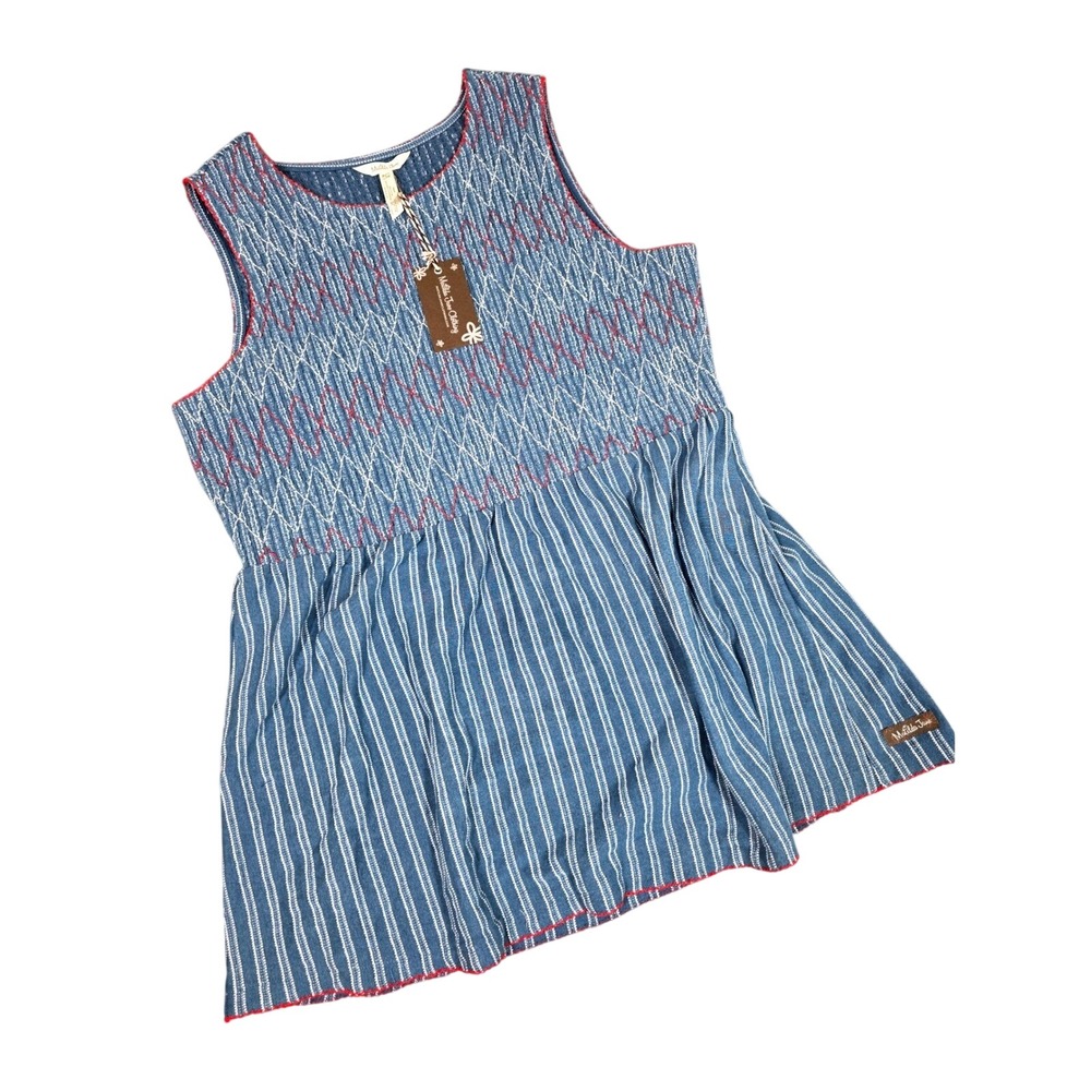 Matilda Jane Enchanted Garden Blue Red Roxie Striped Smocked Tankโ Top Large NEW